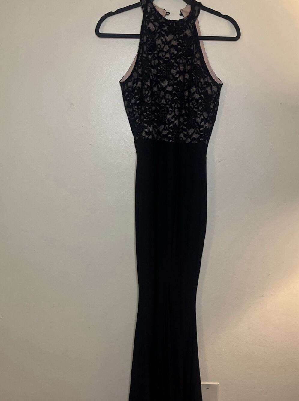 REPHYLLIS Black Evening Gown Size S Lace Top Front Slit Womens